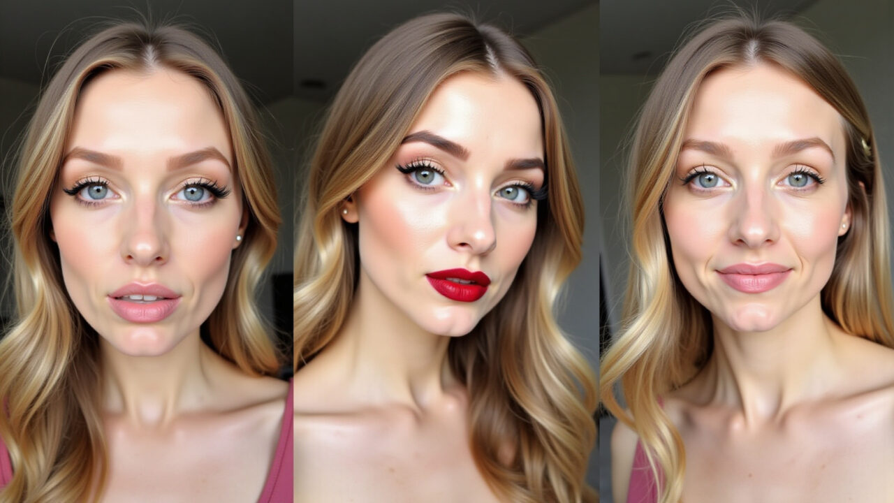 Maquiagem para usar com vestido vermelho: pele natural, delineado gatinho, batom nude, batom vermelho.