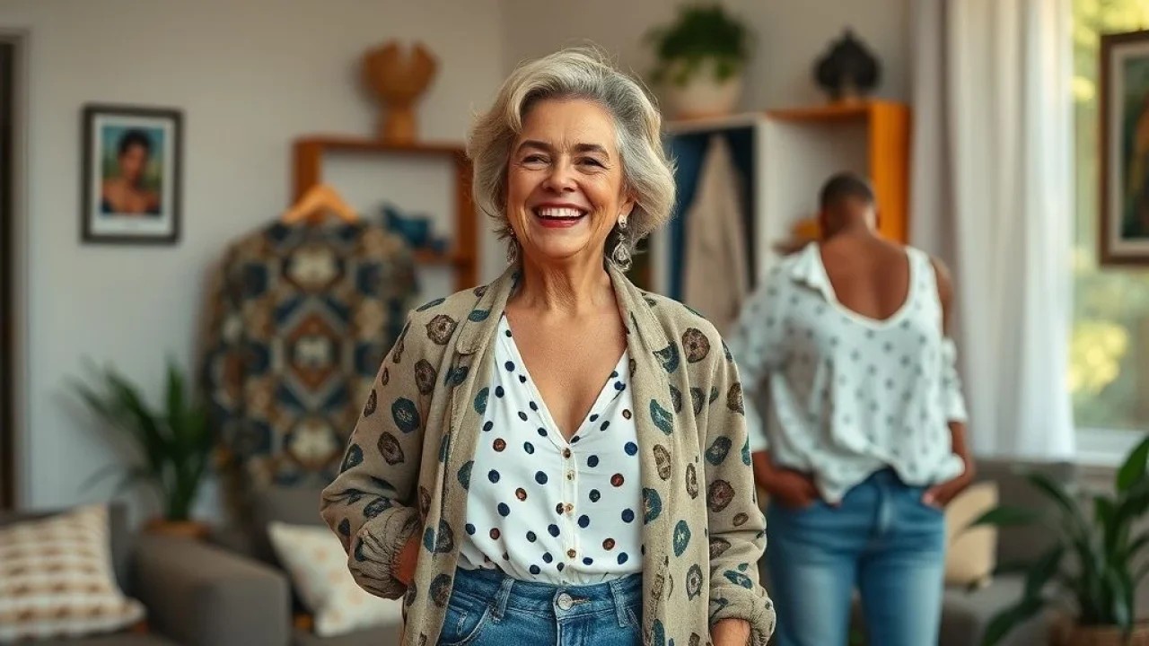 Mulher madura brasileira experimentando combinações de roupas e estilos em casa.