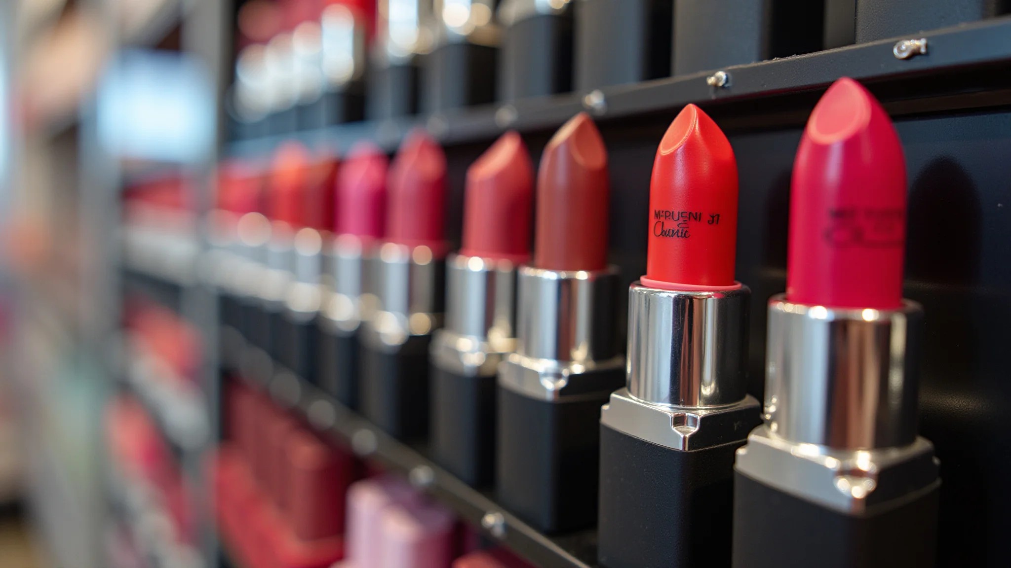 Expositor de batons Maybelline em uma drogaria com diversas cores e texturas.