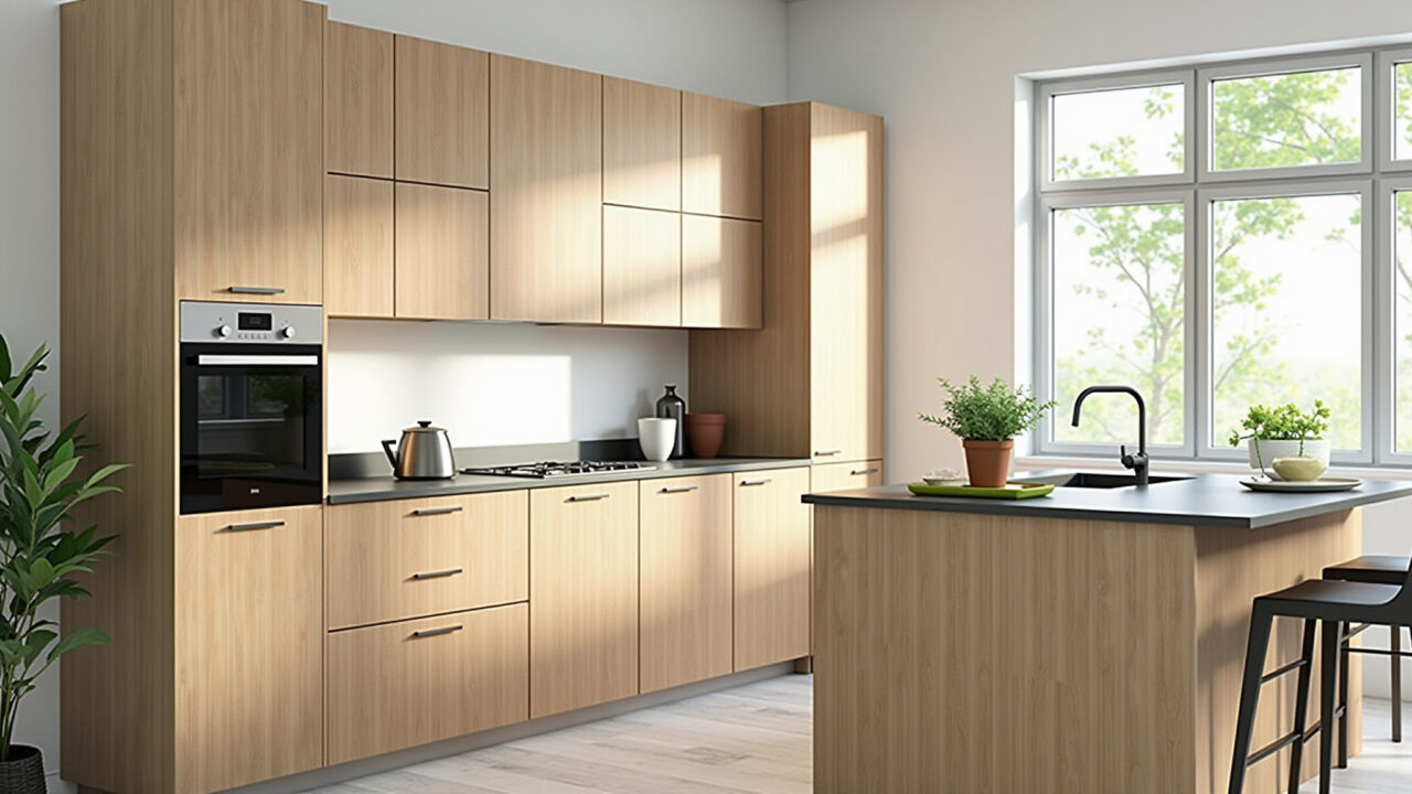 MDF kitchen cabinets with FSC certification label, sustainable wood source, eco-friendly kitchen Armários de MDF com certificação FSC, garantindo a sustentabilidade.