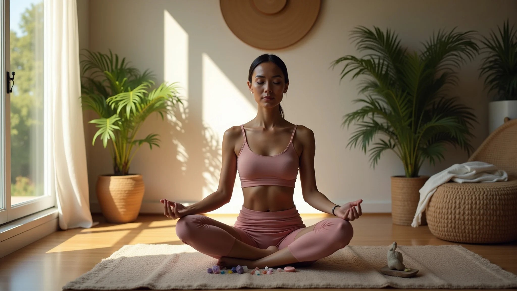 Espaço de meditação com feng shui, cristais e luz natural.