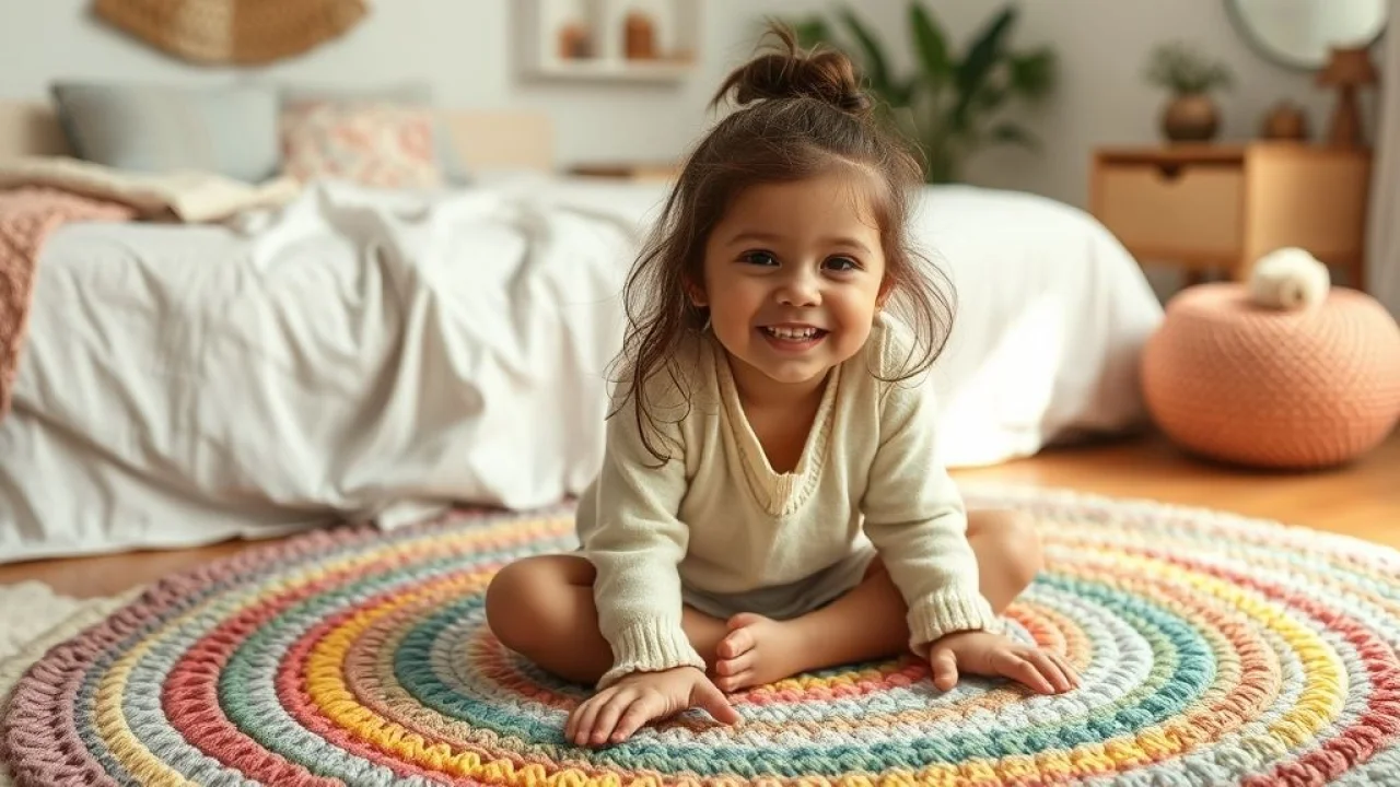 Medium shot of a young Brazilian girl (8 years old) sitting on a soft, round crochet rug in her Menina brasileira sorrindo sentada em tapete de crochê redondo e colorido