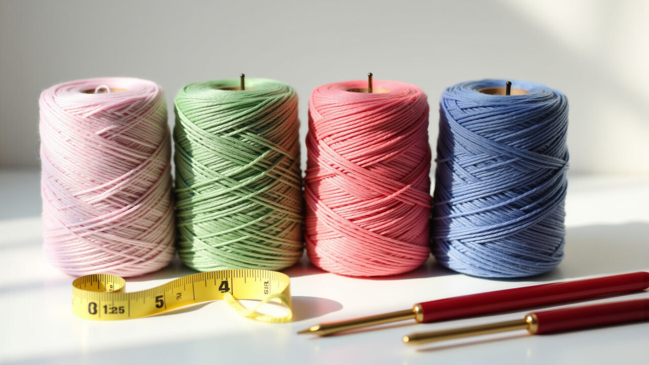 Variedade de fios de algodão mercerizado e agulhas para mini amigurumis.