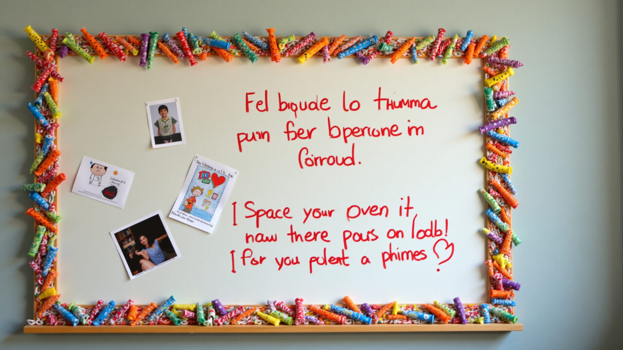 Mural de recados com canetas coloridas, fotos e desenhos para crianças expressarem seus sentimentos.