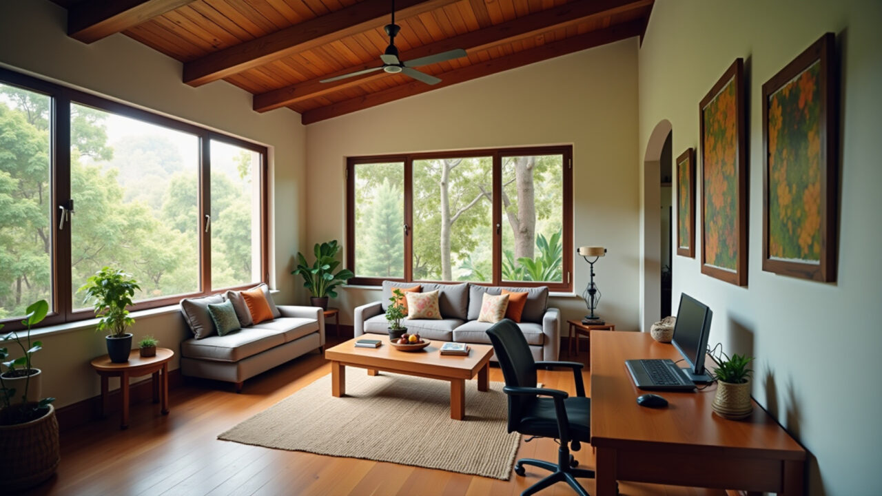 Mezzanine office space overlooking a double-height living room, Brazilian decor, wooden desk, Escritório em mezanino com vista para sala de estar.