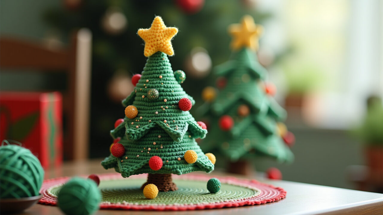 Amigurumi árvore de Natal decorada.