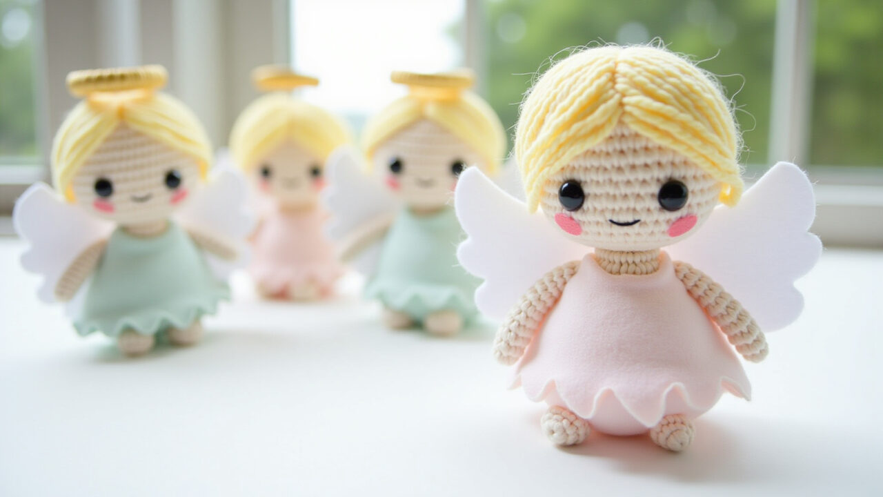 Mini angel amigurumis, baptism favors, light colors, felt wings, golden halo, arranged on a white Lembrancinhas de batizado: mini amigurumis anjo.