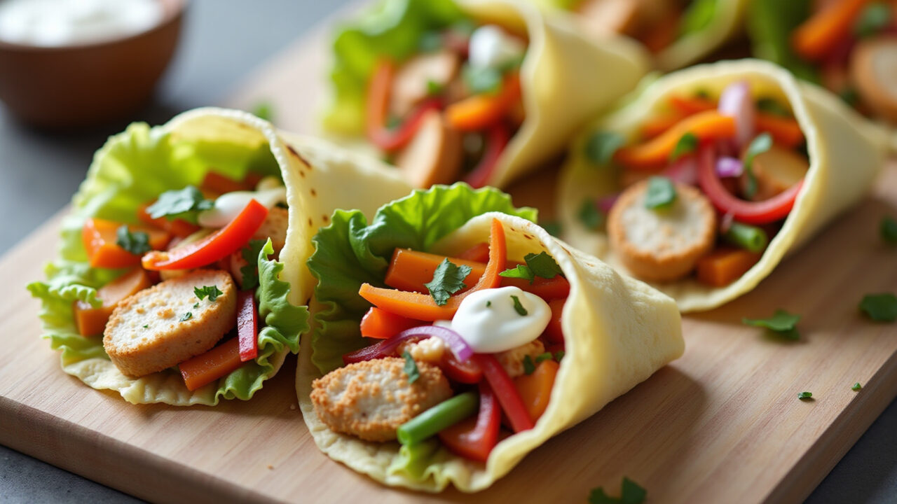 Mini wraps de frango com legumes crocantes.