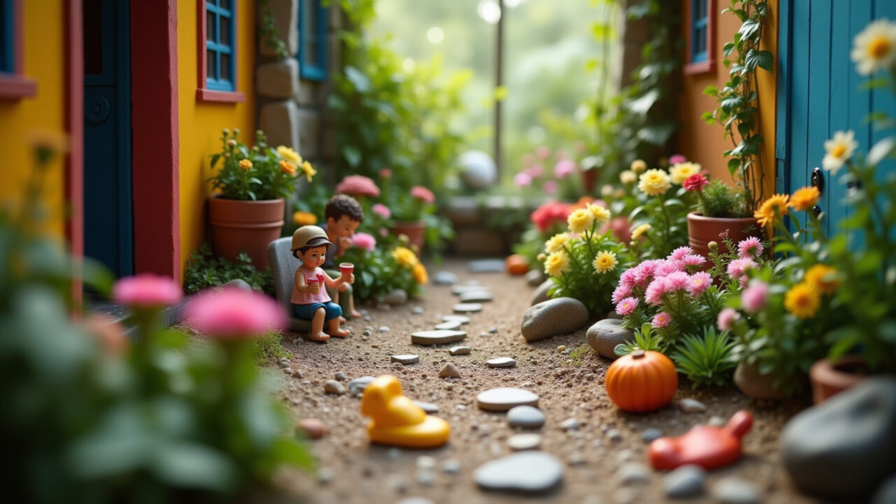 Mini jardim dentro de casa com flores coloridas, pedras e brinquedos para crianças.