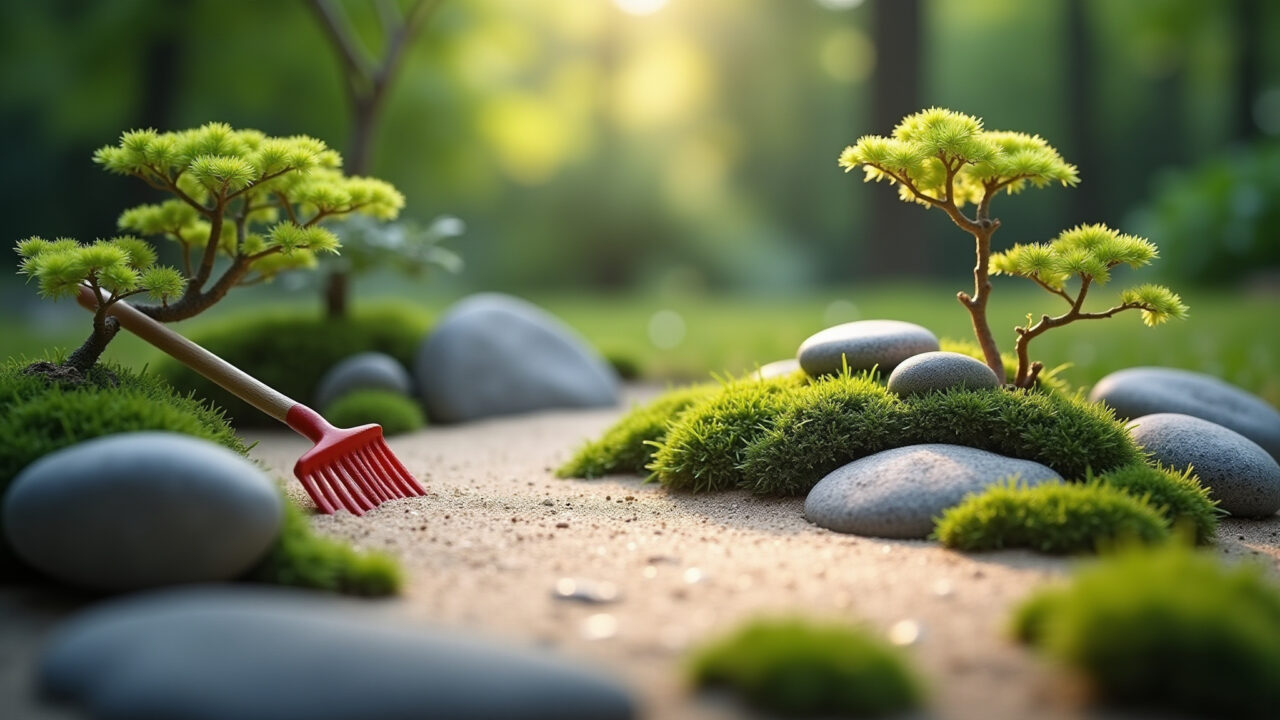 Diorama de mini jardim zen com areia e pedras.