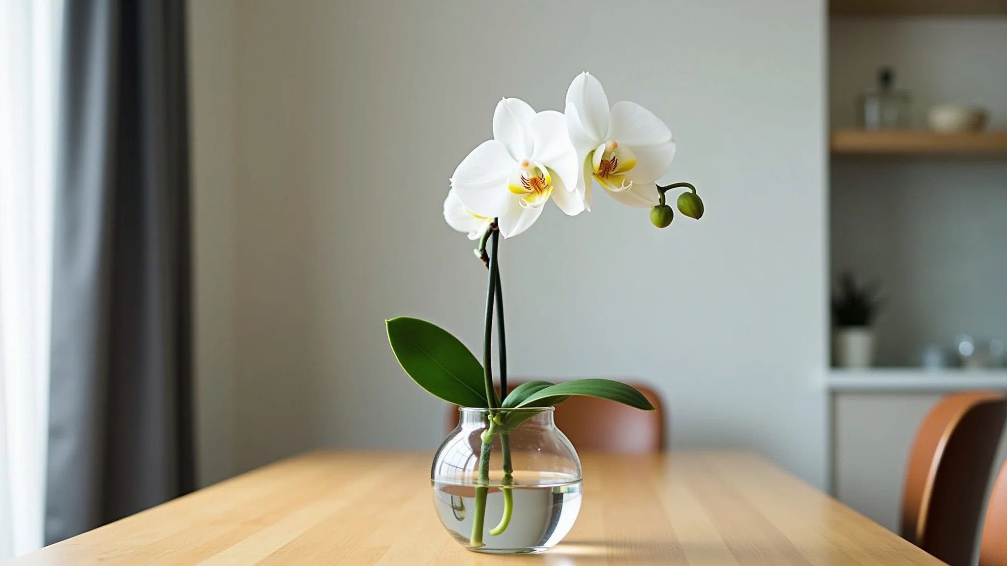 Decoração minimalista para mesa de jantar com uma única orquídea em um vaso de vidro transparente.