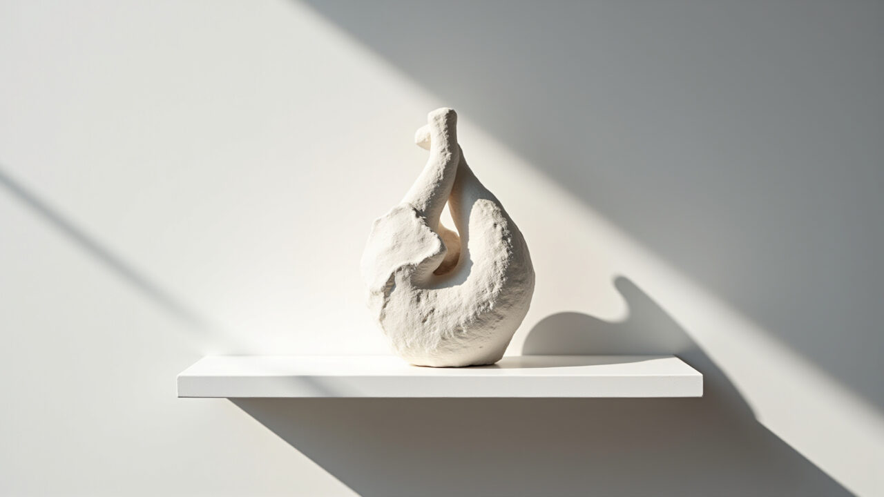 Escultura de gesso minimalista em prateleira branca.