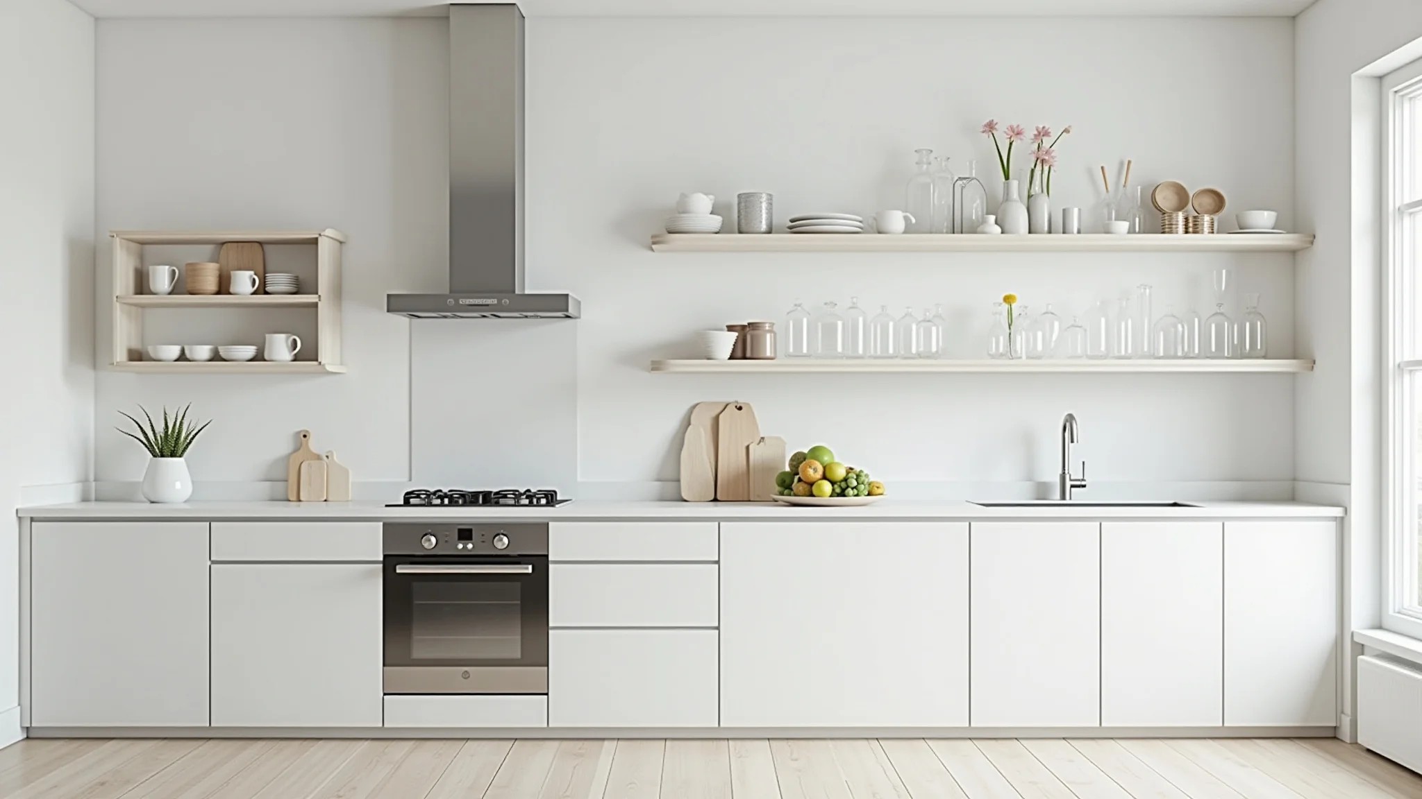 Cozinha minimalista com prateleiras brancas exibindo utensílios de vidro.