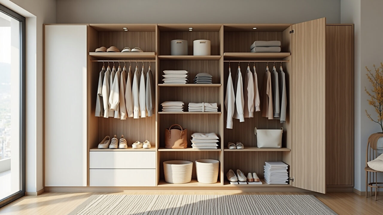 Minimalist wardrobe with versatile clothes, Brazilian style, natural light, organized closet, 8K Guarda-roupa minimalista com roupas versáteis.
