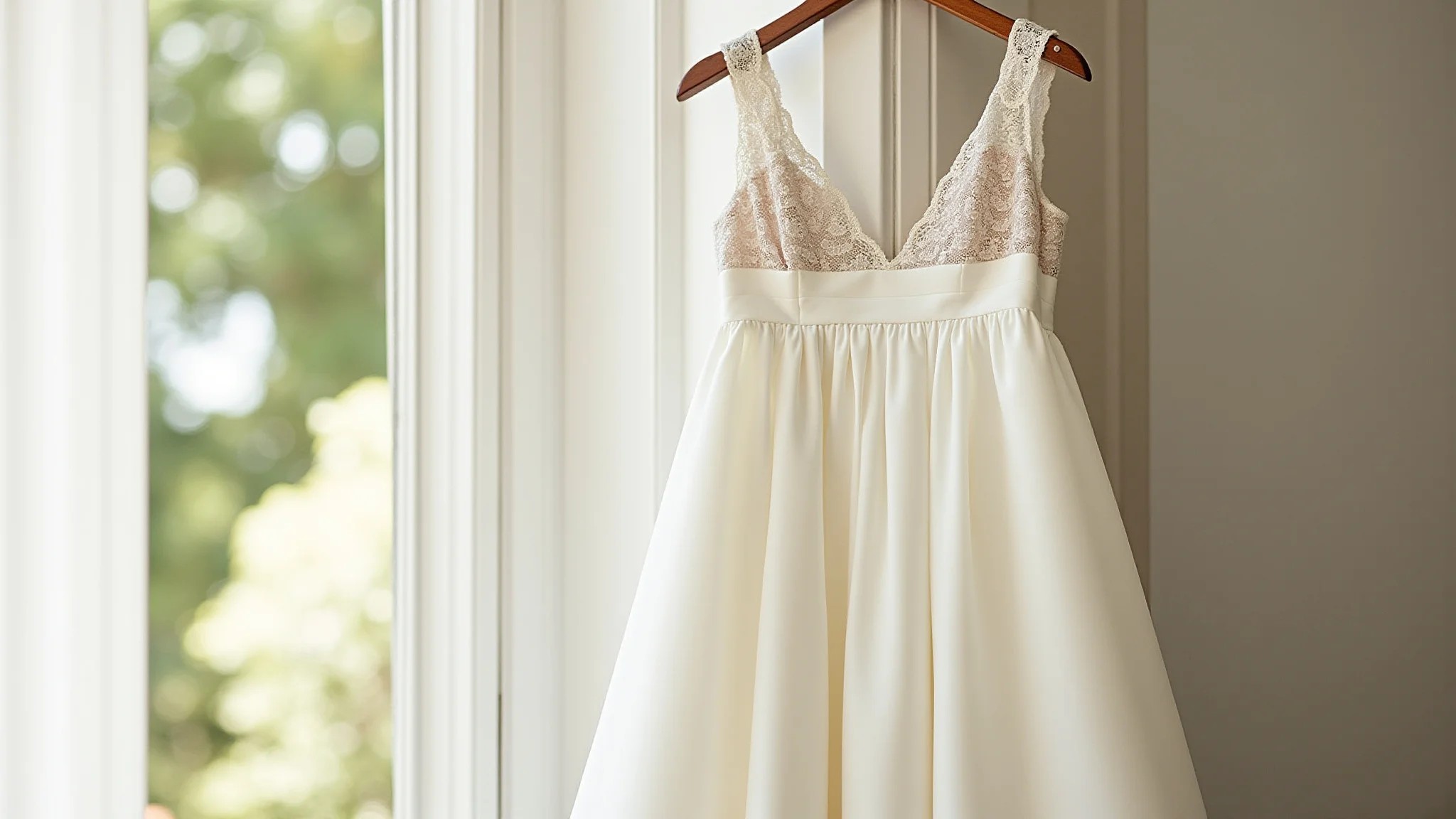 Vestido de noiva minimalista com detalhes sutis em renda, luz natural suave.