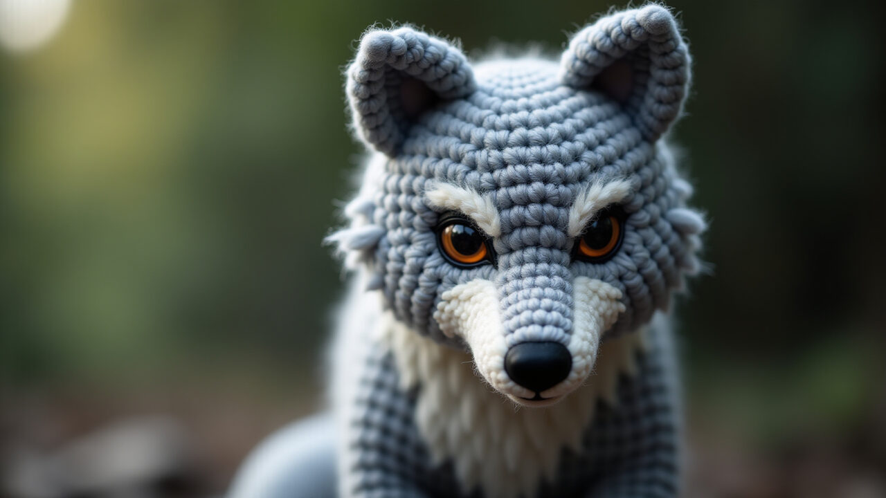 Misterioso lobo amigurumi, gray and white tones, piercing eyes, natural lighting, professional Amigurumi de lobo misterioso com olhos penetrantes.