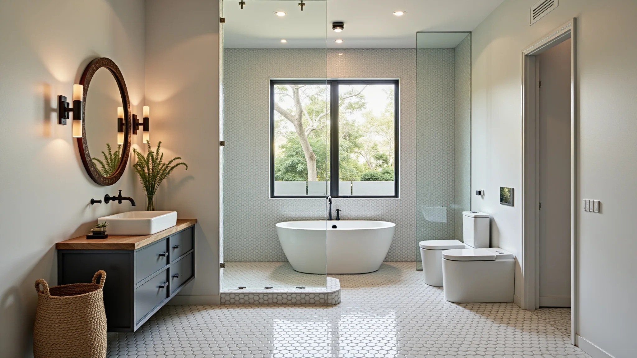 Banheiro moderno com azulejos hexagonais e iluminação estratégica.