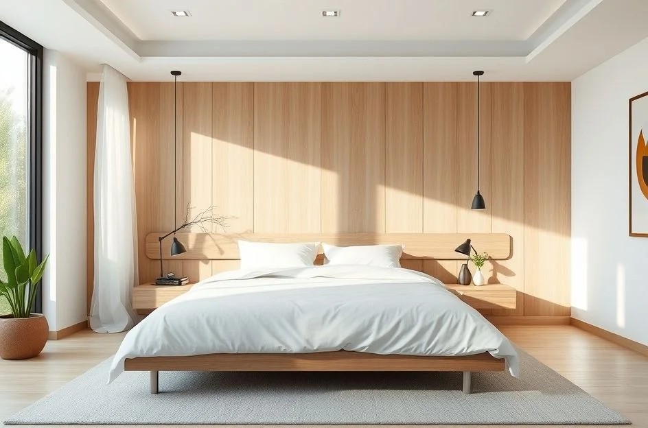 Quarto moderno com cabeceira clara de madeira, design minimalista.