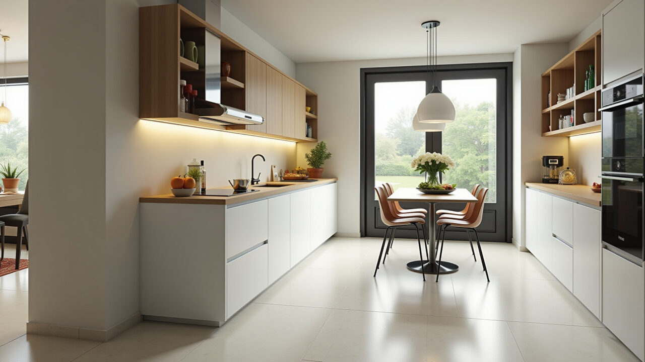 Modern Brazilian kitchen, porcelain floor, bright natural light, clean design, vibrant colors, Cozinha moderna com piso de porcelanato claro.