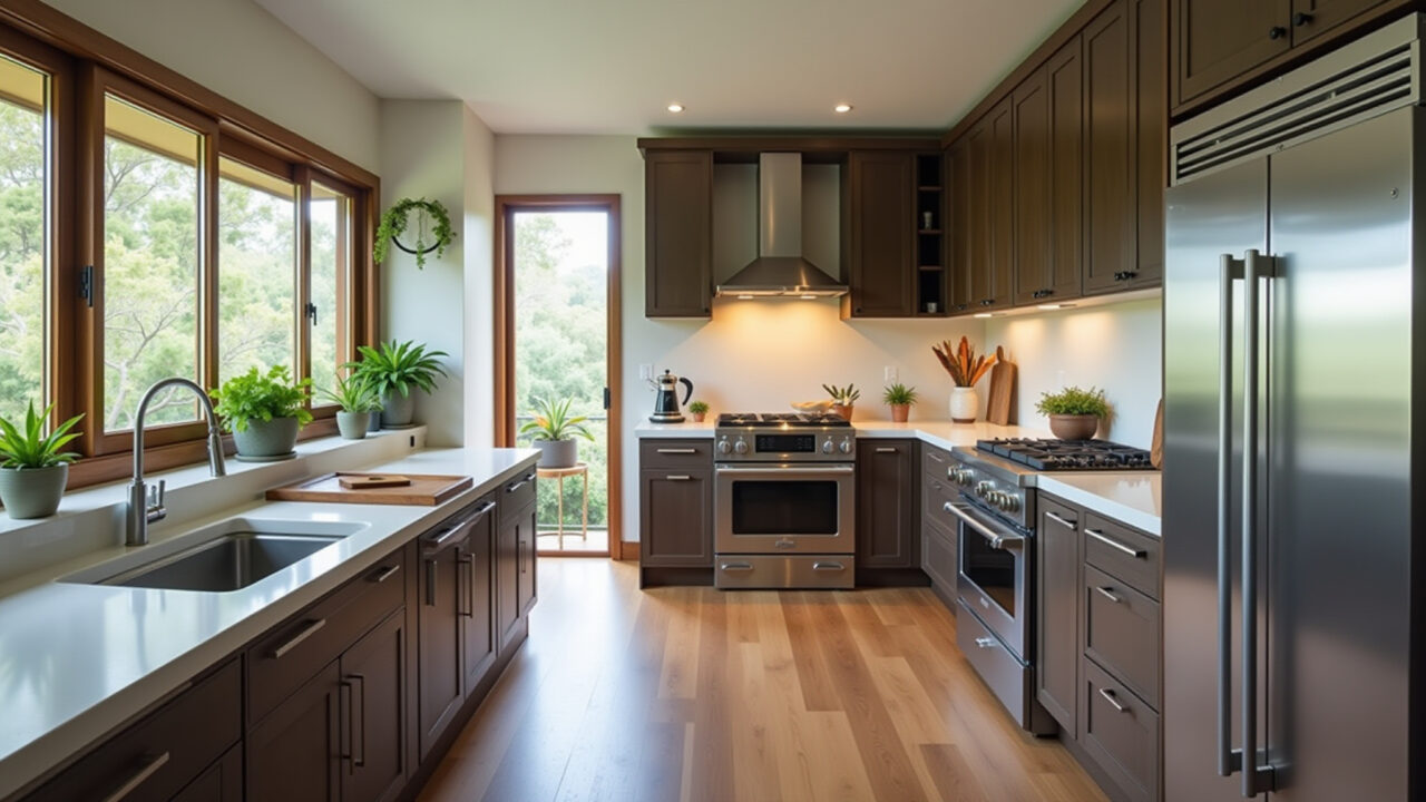 Cozinha moderna com eletrodomésticos de inox e design minimalista.