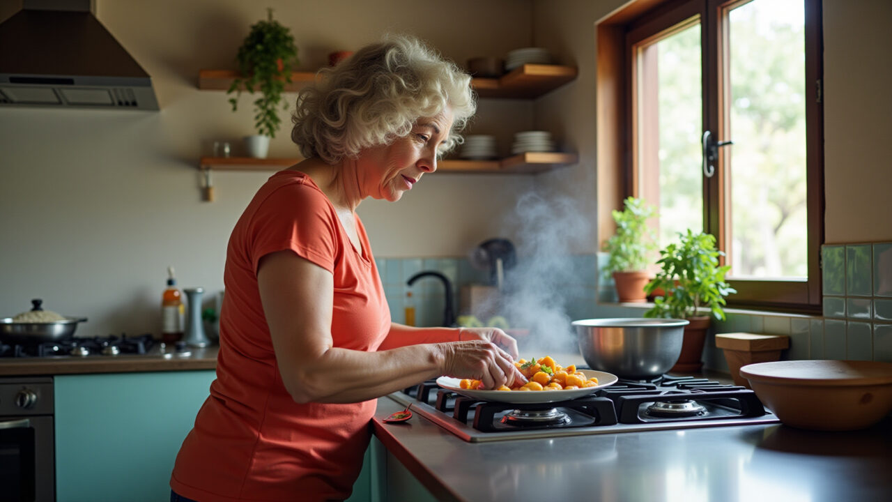Mulher cozinhando em cooktop moderno de aço inoxidável.