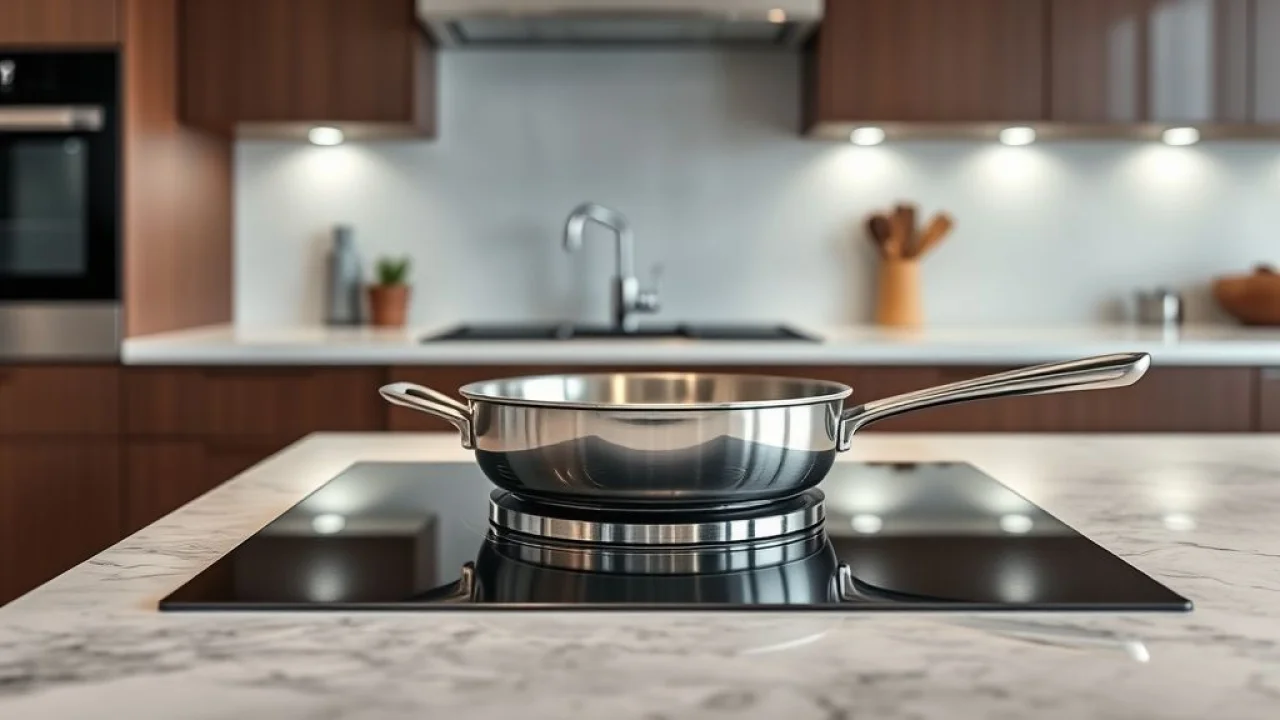 Modern Brazilian kitchen with a stainless steel pan on an induction cooktop. Professional Panela de inox em fogão de indução. Eficiência e praticidade.