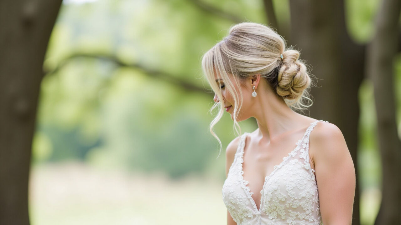Modern bride with messy bun updo, wearing a flowy wedding dress, outdoor wedding, soft light, 8k, Noiva moderna com coque despojado e vestido fluido.
