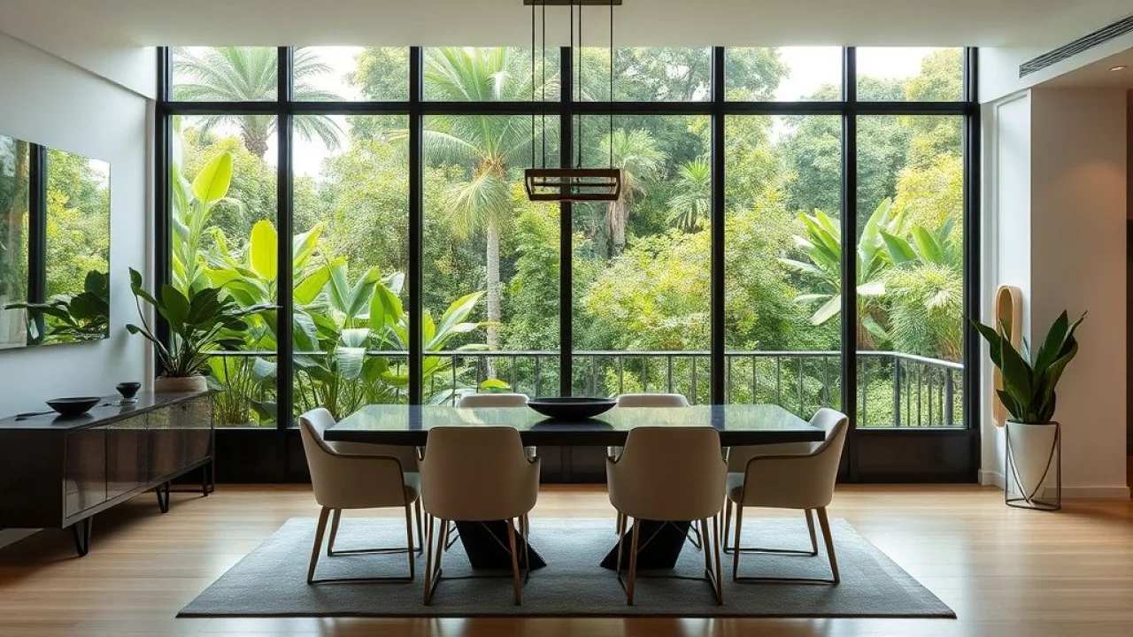 Modern dining room with a large rectangular mirror reflecting a window with lush green Brazilian Sala de jantar moderna com espelho ampliando a vista para o jardim.