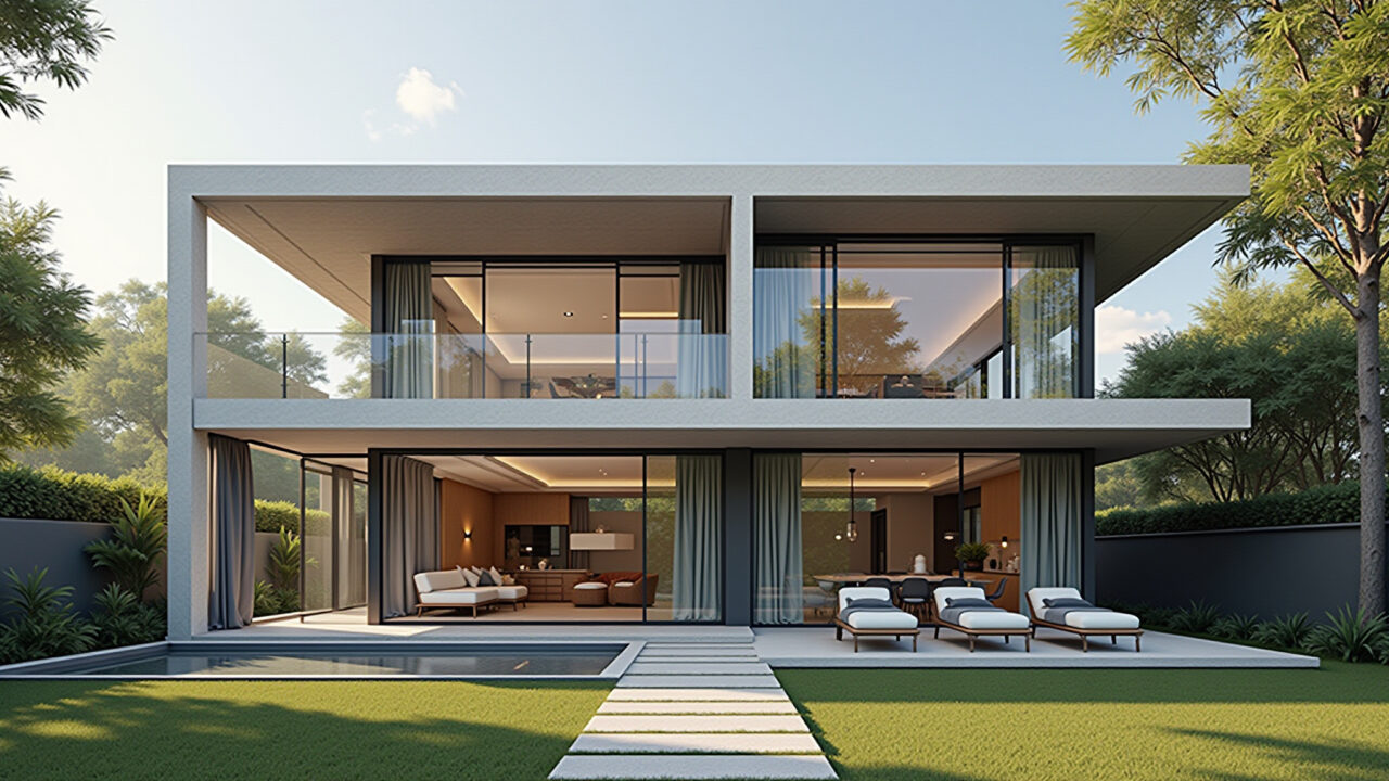 Modern facade of a two-story house with double height ceiling, large glass doors and windows, Fachada de sobrado com pé direito duplo e amplas portas e janelas de vidro.