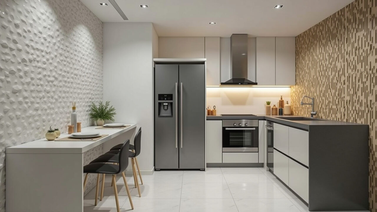 Modern kitchen, 3D wall tiles, textured wall, unique design, neutral colors, accent lighting, 8K, Cozinha moderna com revestimento 3D.