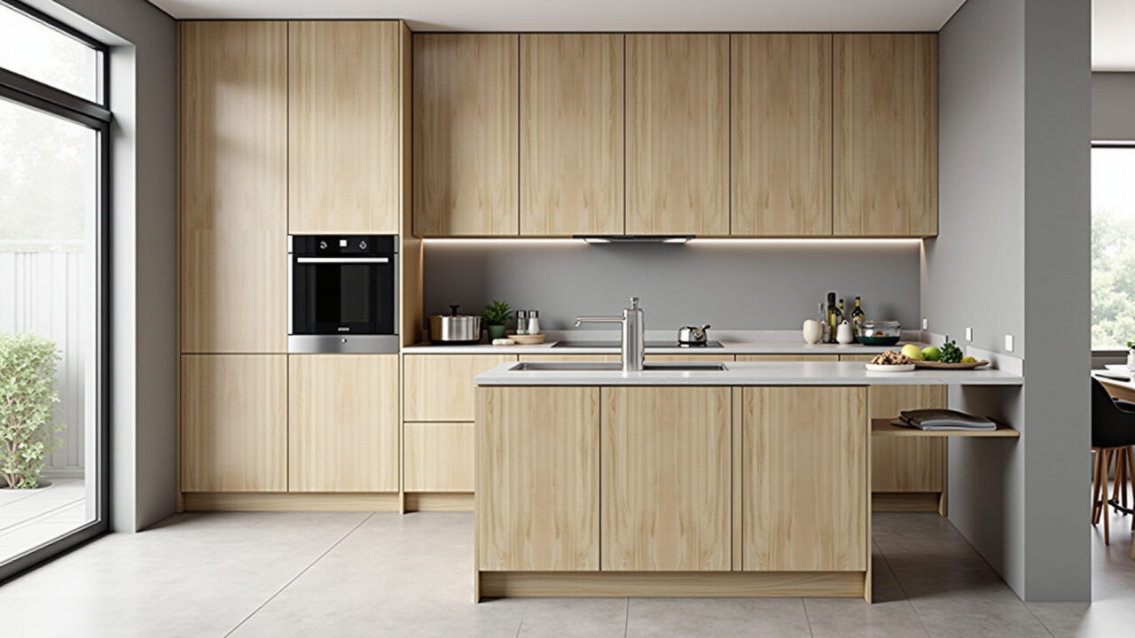 Modern kitchen cabinet design, MDF, clean lines, light wood finish, stainless steel appliances, Cozinha moderna com armários de MDF claros e design clean.