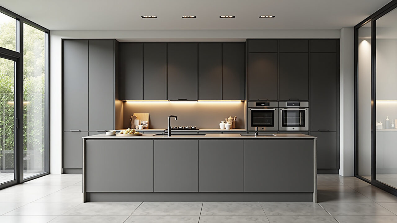 Modern kitchen, minimalist design, clean lines, built-in appliances, sober colors, professional Cozinha moderna com design minimalista e linhas retas.