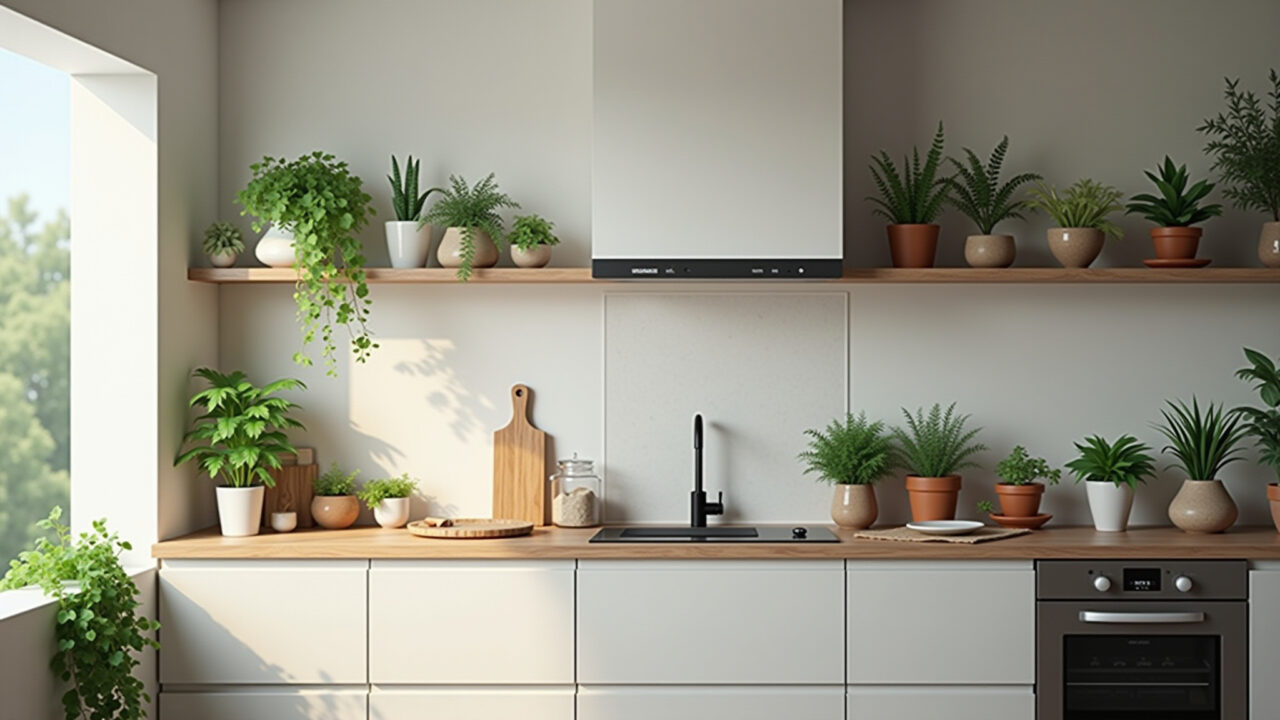 Modern kitchen, plants, herbs, natural light, fresh, minimalist design, wooden shelves, 8K, Cozinha moderna com plantas e ervas.