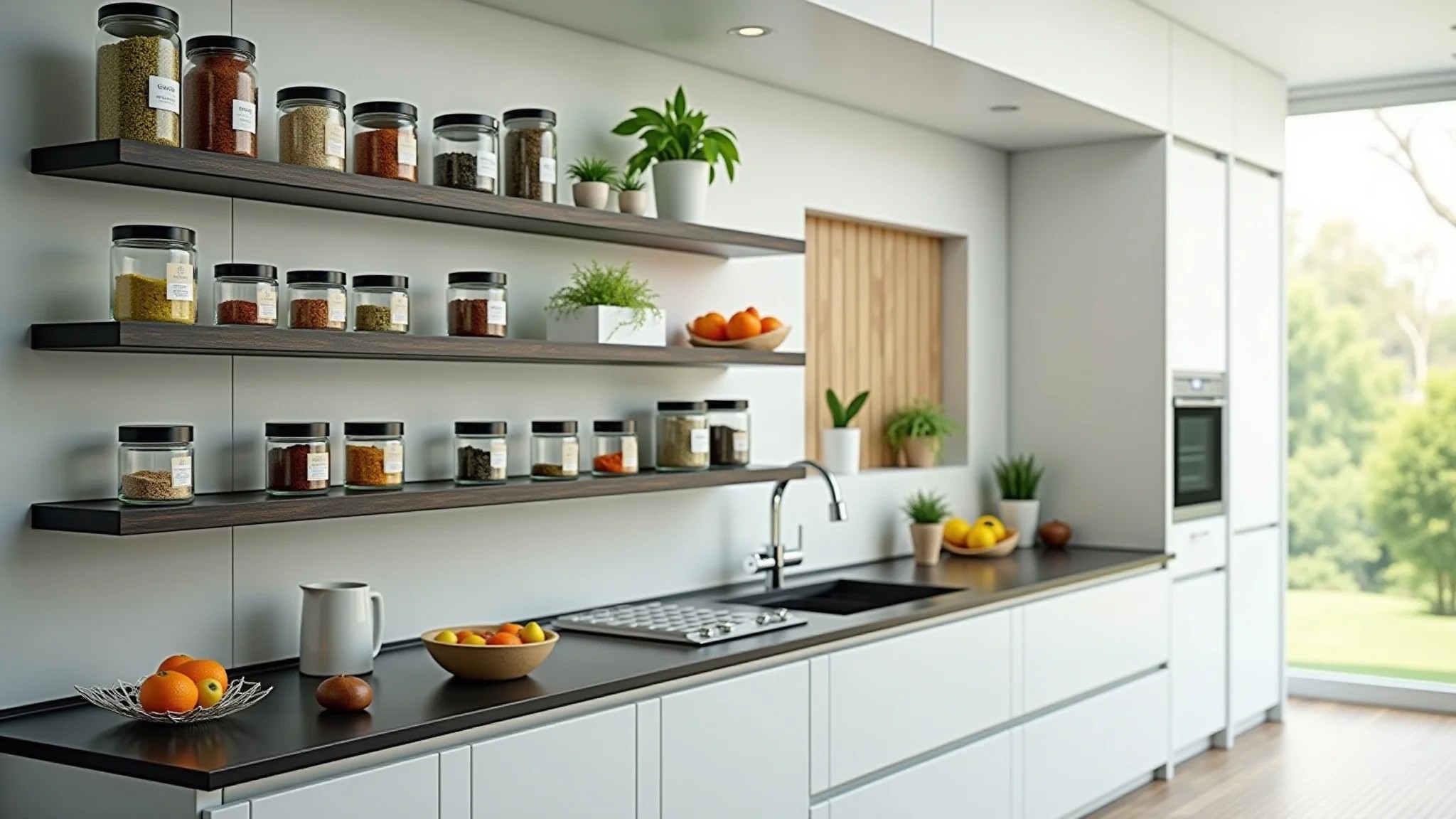 Cozinha moderna com prateleiras de vidro exibindo especiarias e ervas coloridas.
