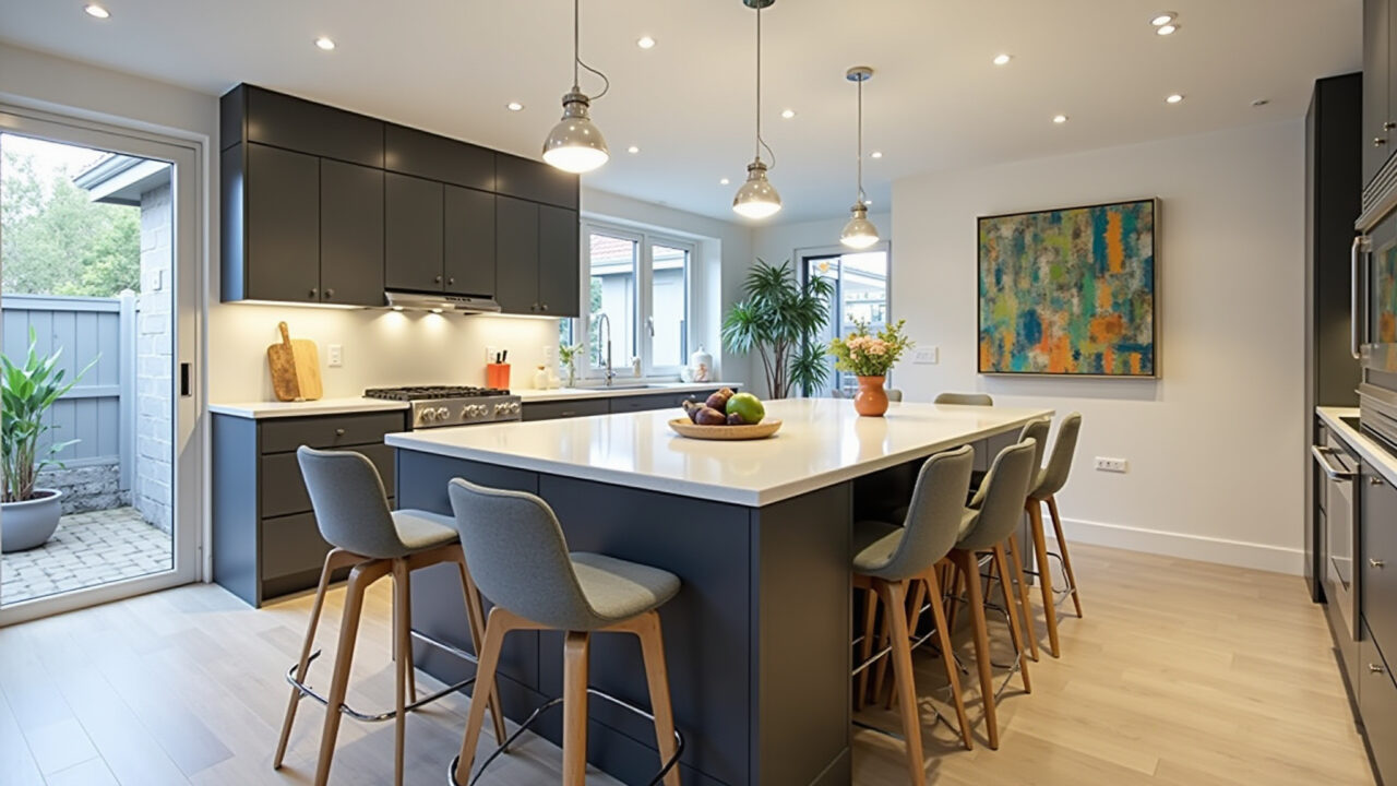 Modern kitchen with island, integrated space, central countertop, comfortable stools, professional Cozinha moderna com ilha central e banquetas confortáveis.