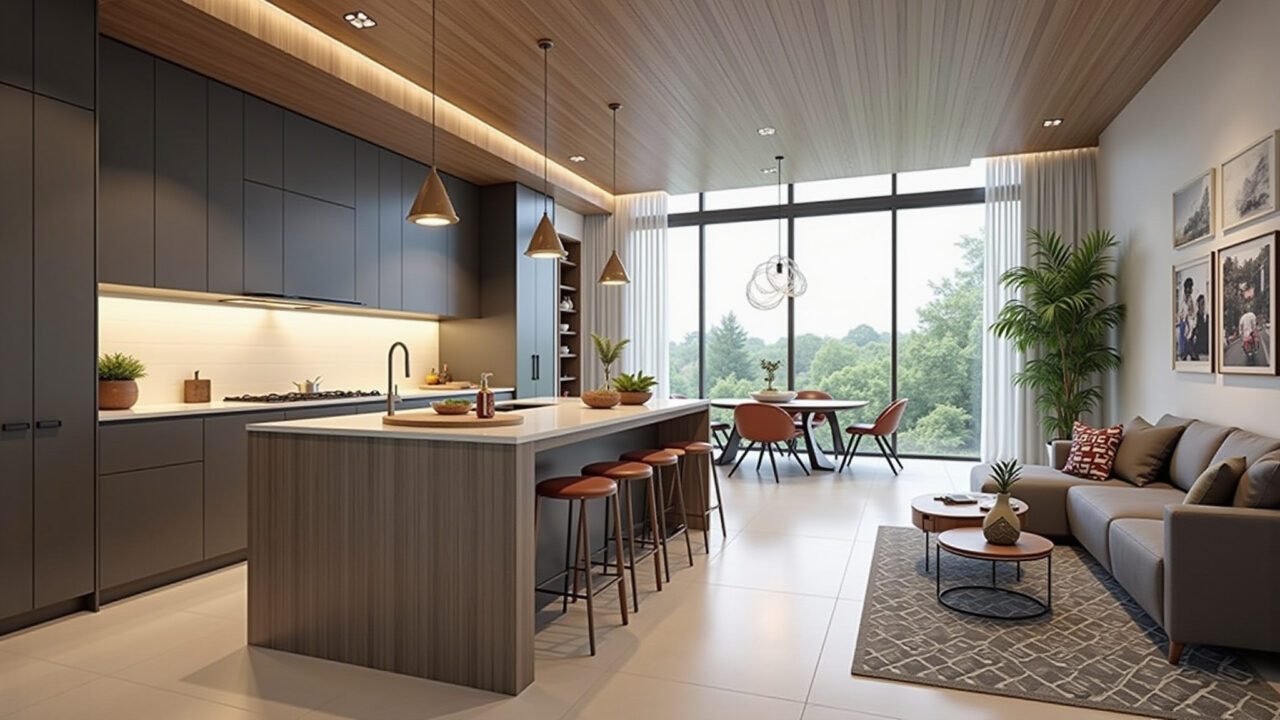 Modern kitchen with island, pendant lights, open concept, wood accents, social space, natural Cozinha moderna com ilha central.