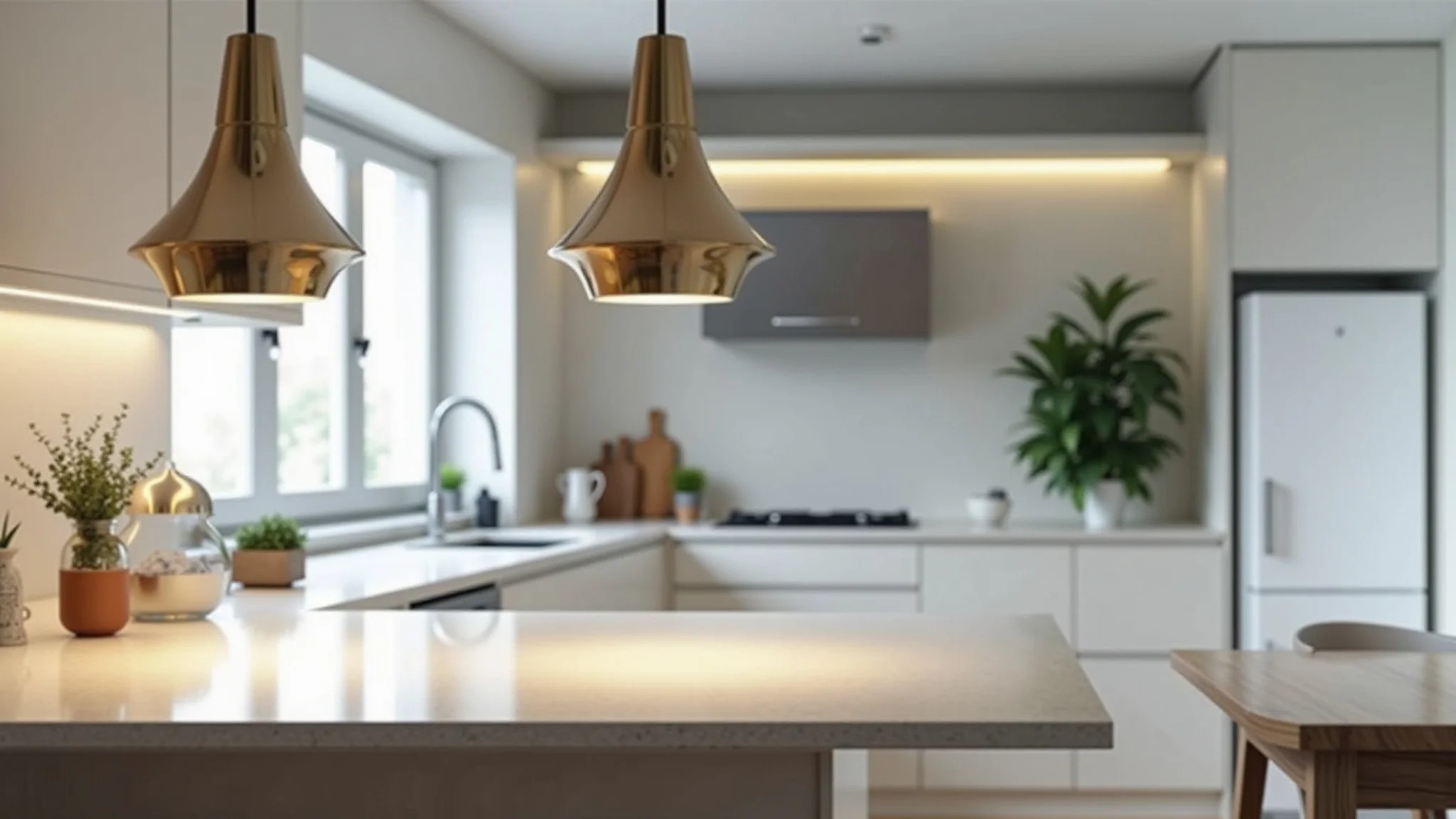 Cozinha moderna com pendentes minimalistas e iluminação clara e funcional.