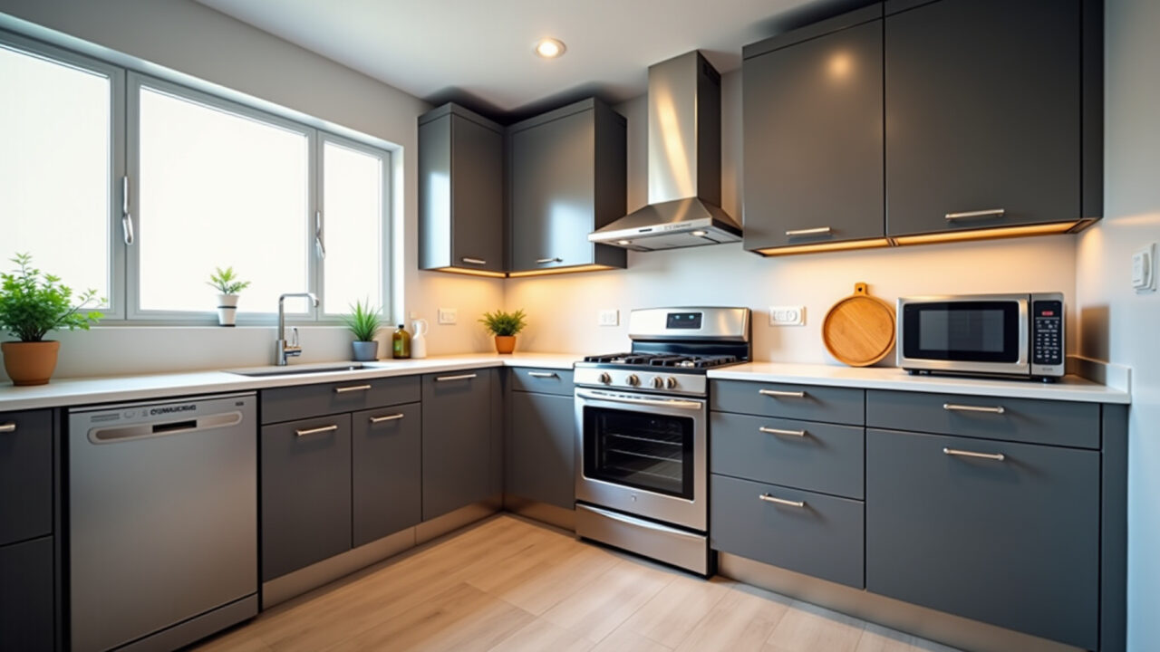 Cozinha moderna com forno e fogão embutidos.