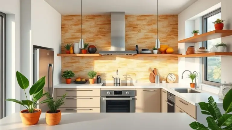 Cozinha moderna com revestimento vibrante, design brasileiro e luz natural.