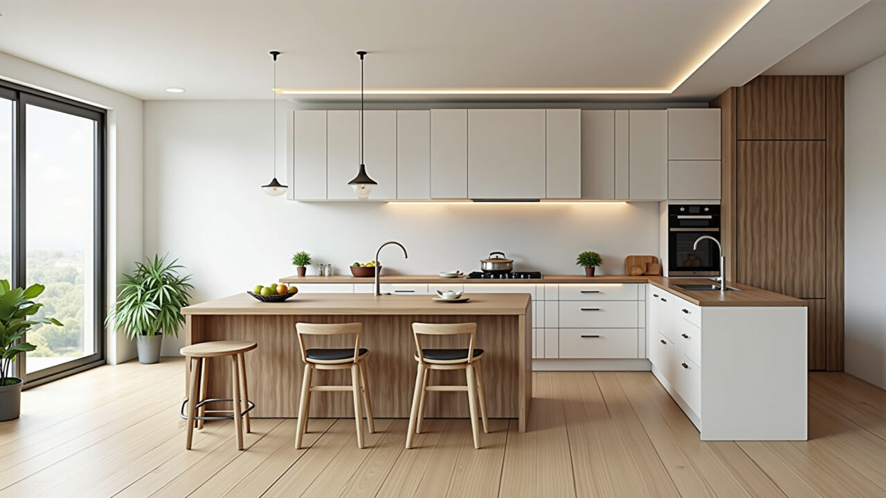 Modern kitchen, wooden countertop, white cabinets, minimalist, warm lighting, plants, 8K, Cozinha moderna com bancada de madeira.