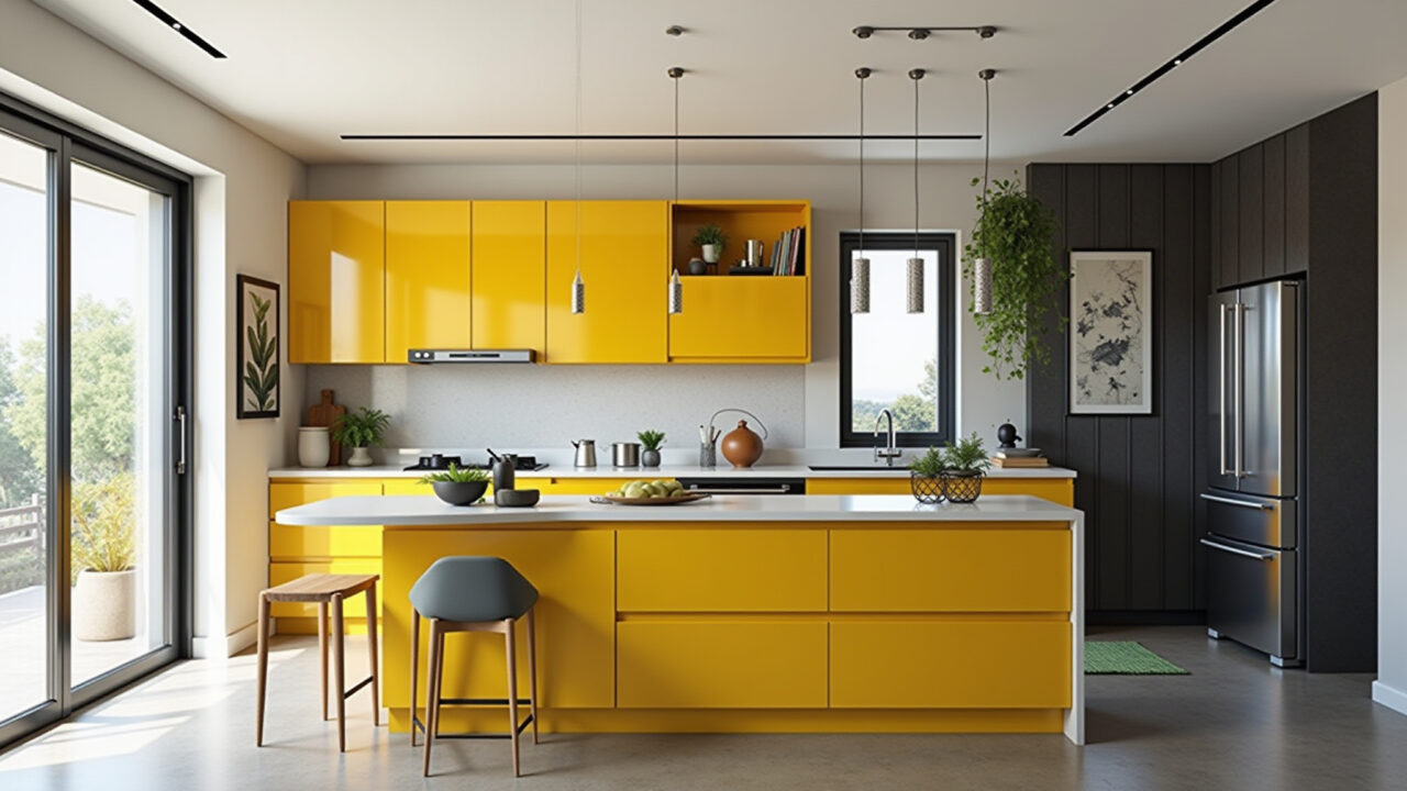 Cozinha moderna com toques de amarelo e contraste em preto e branco.
