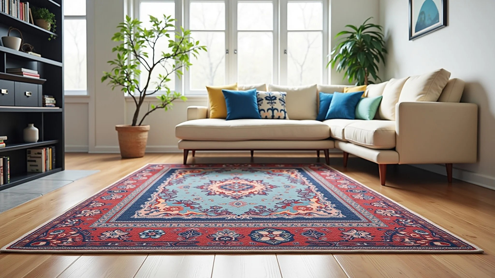 Sala moderna com tapete de poliéster colorido, destacando durabilidade e cores vibrantes.