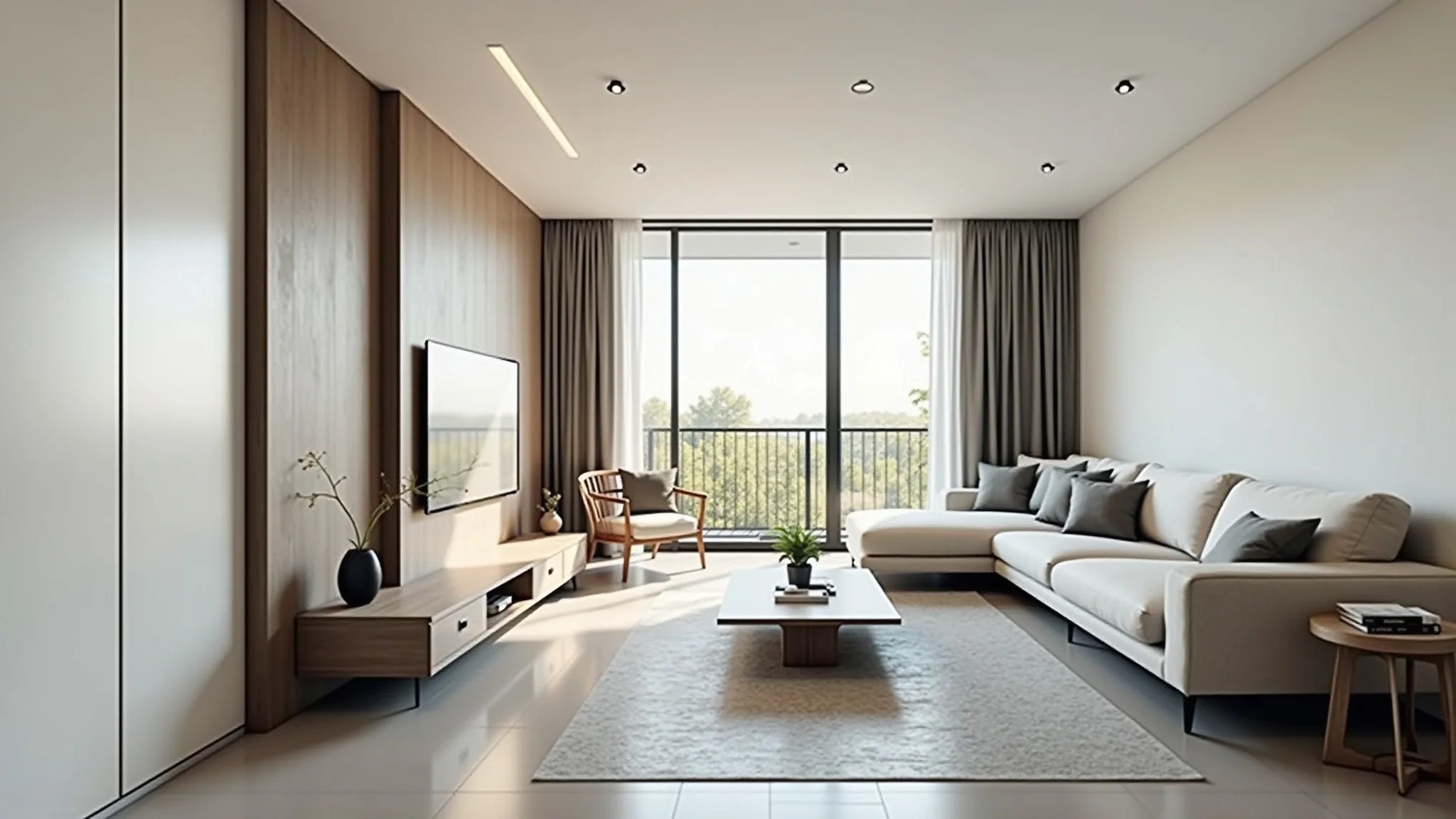 Sala de estar moderna com cores neutras, design minimalista e sofá confortável.