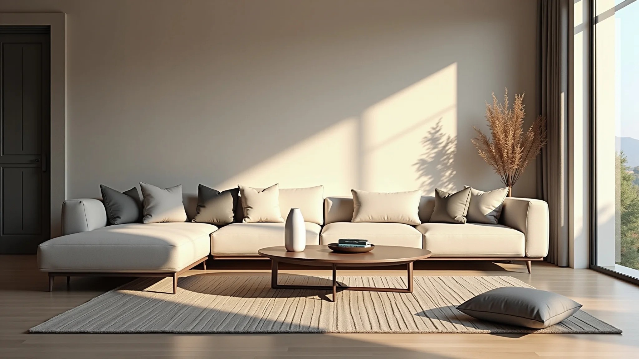Sala de estar moderna com tapete geométrico em tons neutros.