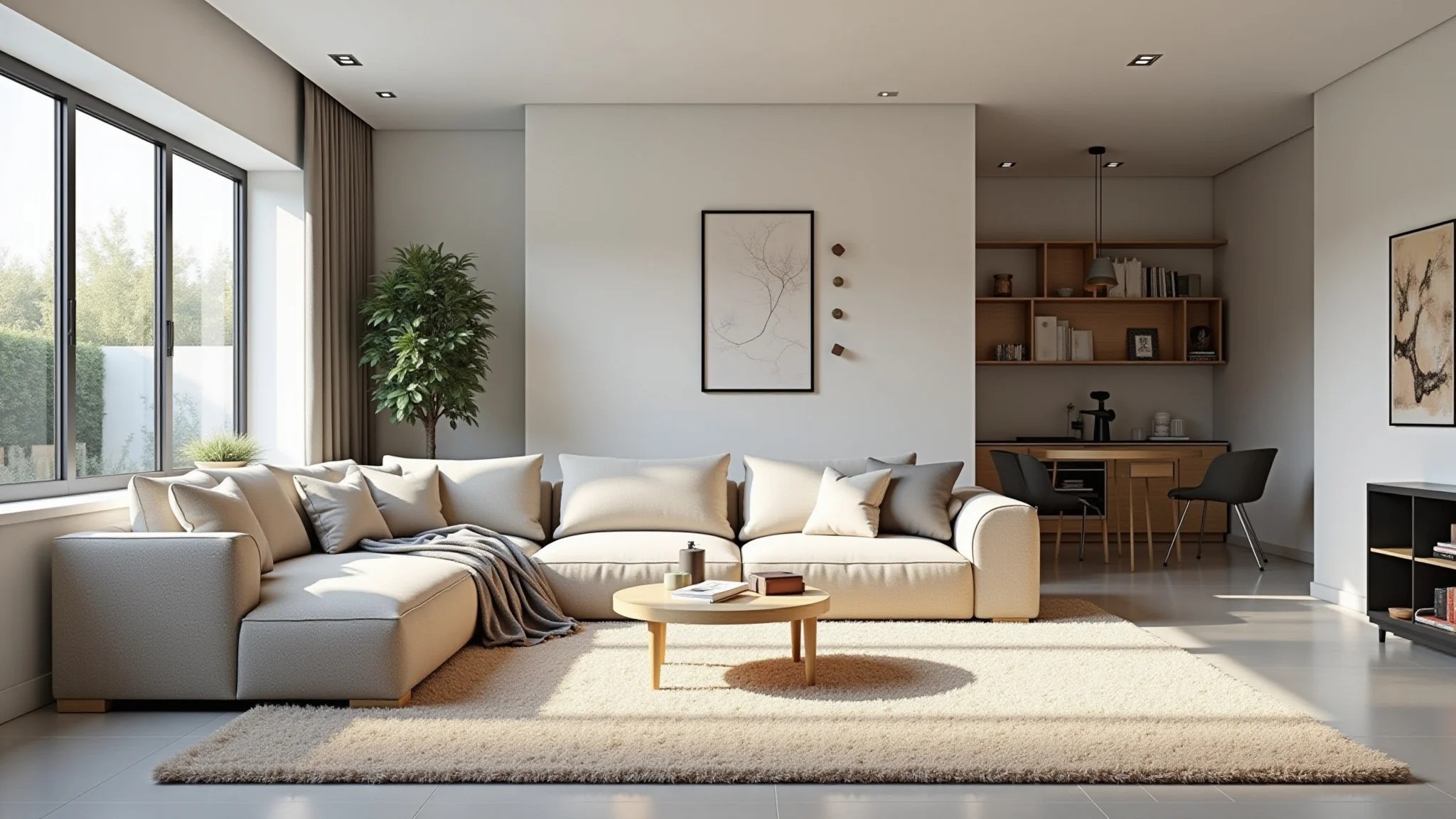 Sala moderna com tapete shaggy sob o sofá, iluminação clara e decoração minimalista.
