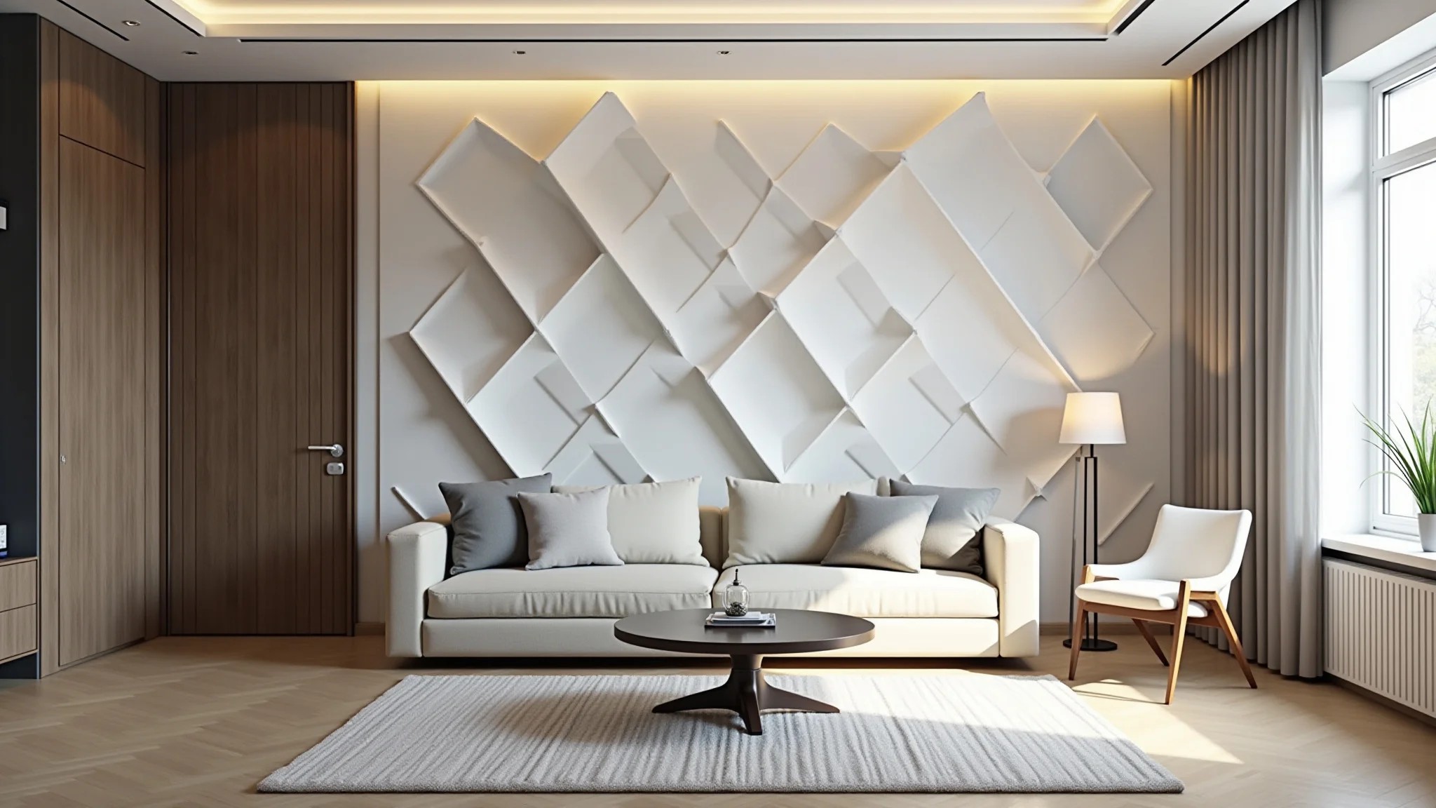 Sala moderna com parede geométrica de gesso 3D e decoração minimalista.
