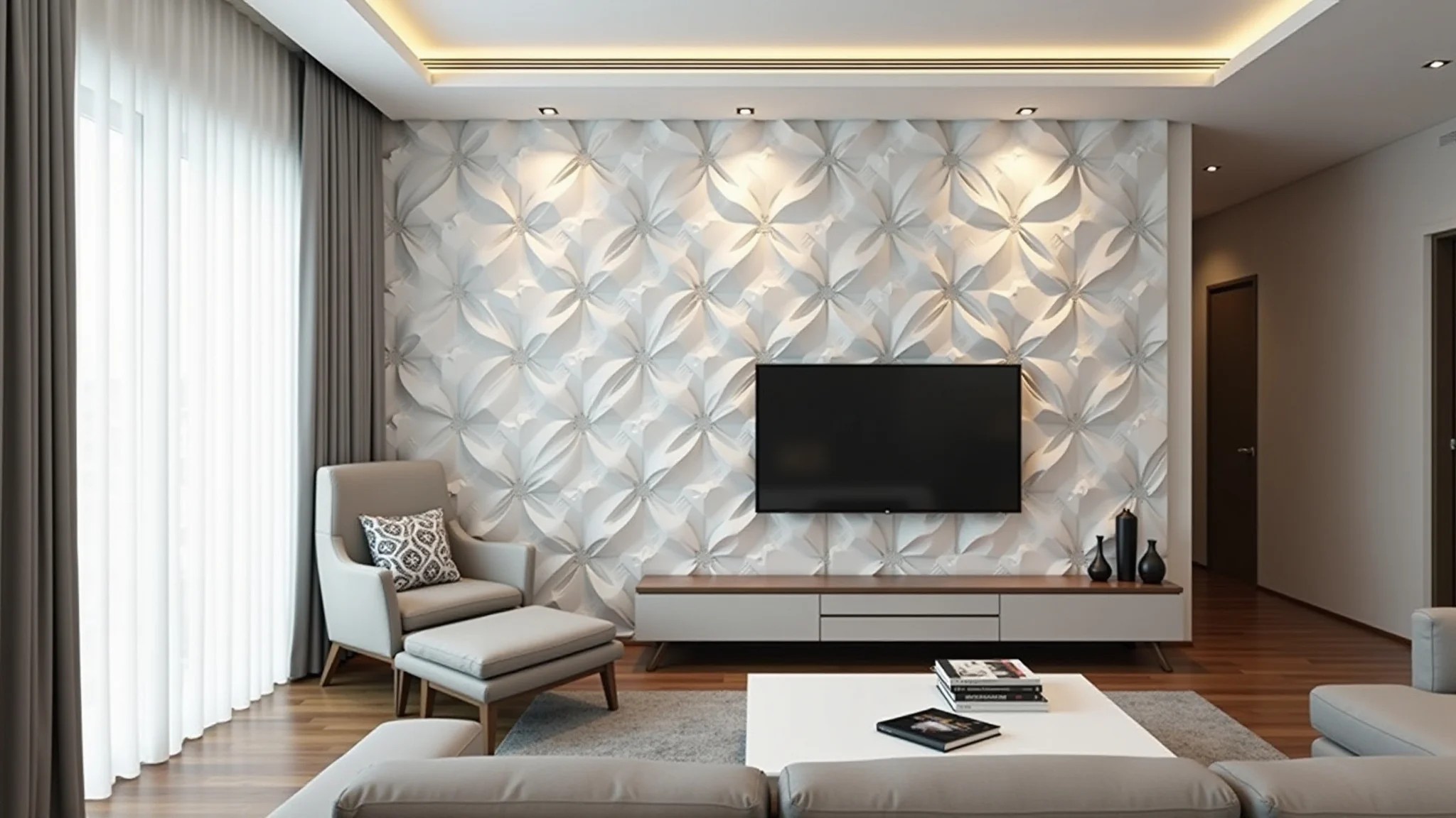 Sala moderna com papel de parede 3D geométrico, decoração minimalista e iluminação clara.