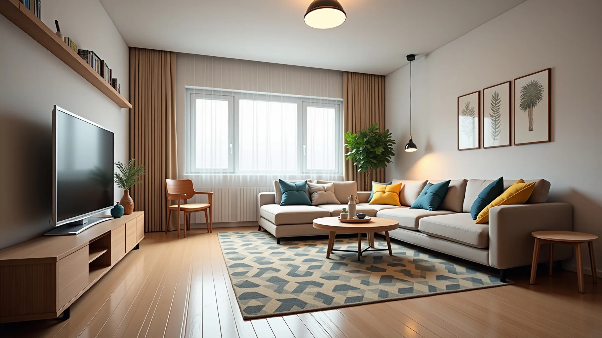 Sala de estar moderna com tapete geométrico e almofadas coloridas.