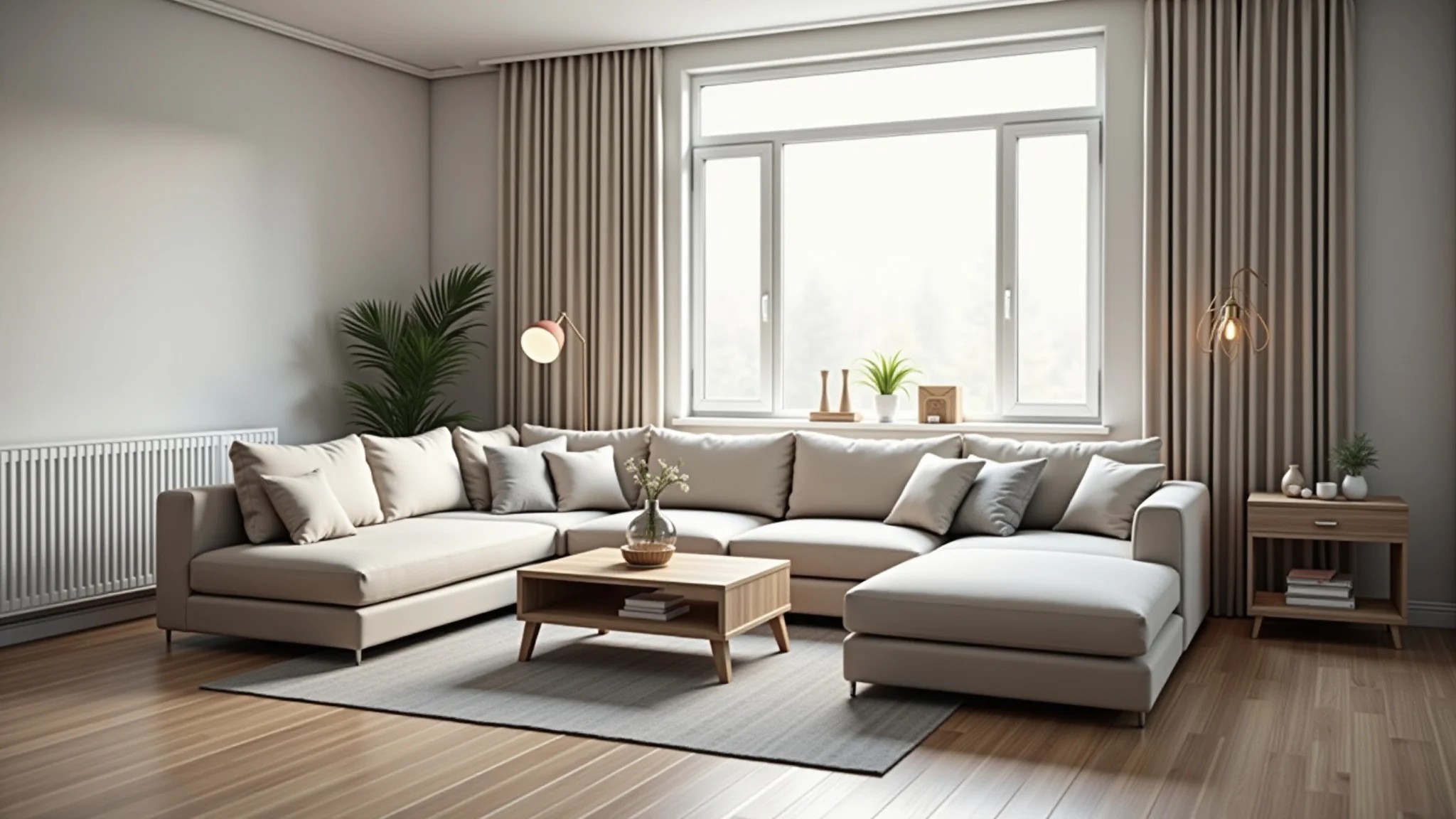 Sala de estar moderna com sofá e chaise longue.