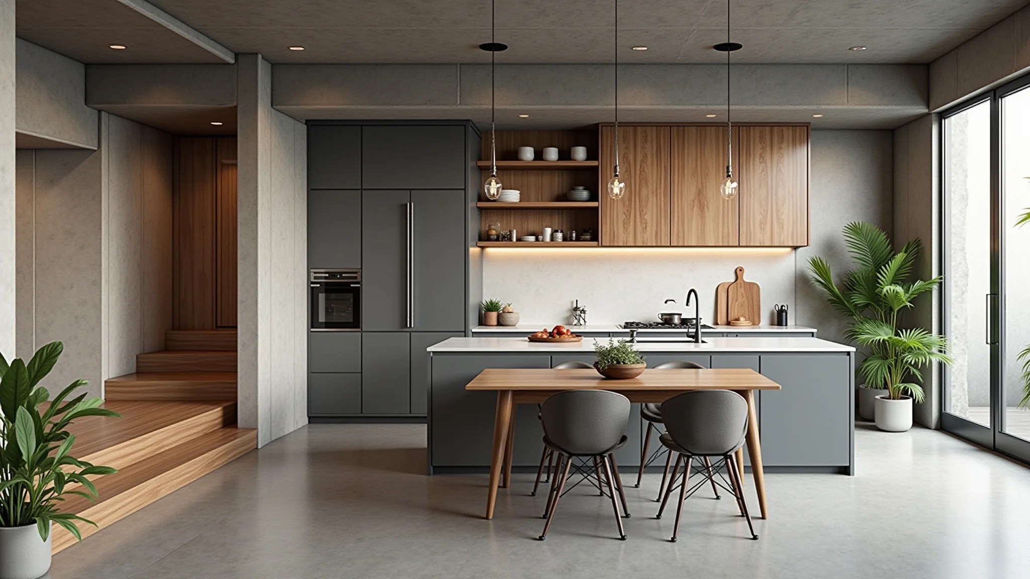Cozinha moderna em loft integrado, piso de cimento, detalhes em madeira e estilo brasileiro.